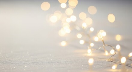 Festive warm glowing fairy lights creating a soft bokeh on a sparkling surface.