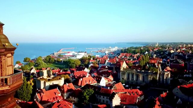 Aerial View of a Historic Coastal City with Red Roofs and Harbor