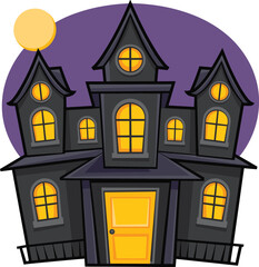 Cartoon haunted house with glowing windows under full moon, spooky Halloween mansion illustration, creepy night scene, haunted building design concept