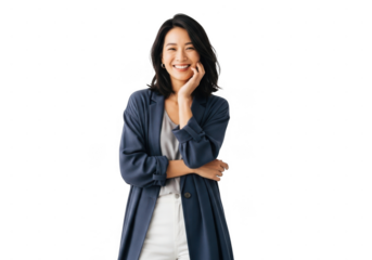 Smiling professional woman in blue cardigan standing isolated on transparent background