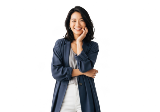 Smiling professional woman in blue cardigan standing isolated on transparent background