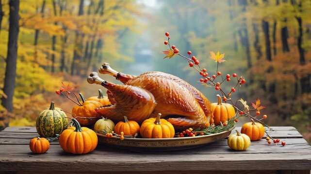 Autumn harvest on a rustic table for thanksgiving. Turkey, Pumpkin, corn, apple on wooden board outdoor. Mockup with copy space