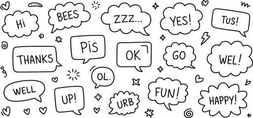 Collection of hand drawn speech bubbles with doodle words and symbols, fun cartoon comic style vector illustration for design projects
