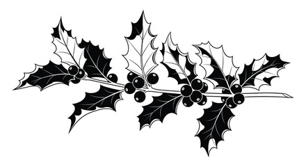 Hand drawn illustration of a holly branch with berries in a distinctive silhouette style