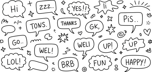 Collection of hand drawn speech bubbles with doodle words and symbols, fun cartoon comic style vector illustration for design projects