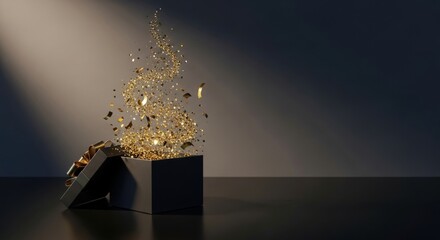 Black gift box opening with golden glitter and confetti explosion on dark background