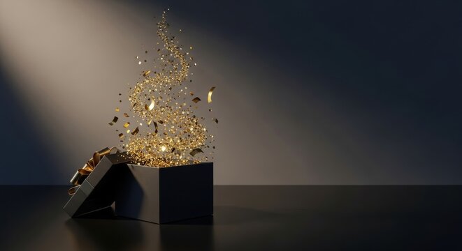 Black gift box opening with golden glitter and confetti explosion on dark background