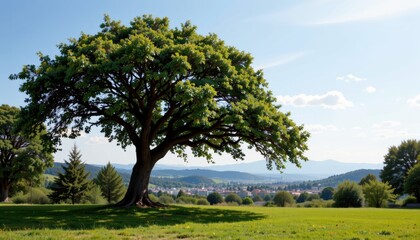 Fototapeta premium A large tree stands majestically against a scenic landscape with mountains in the distance.