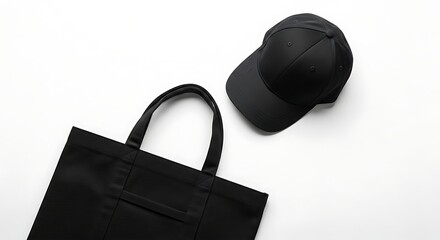 Naklejka premium Black Tote Bag and Baseball Cap on White Background.