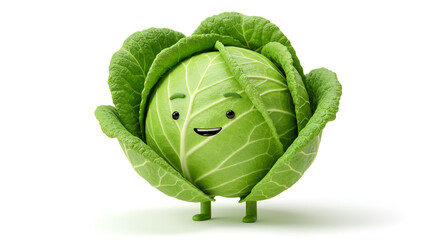Cute Cabbage Character with Happy Face and Arms.