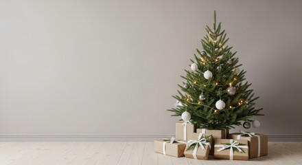 Decorated christmas tree with gift boxes and copy space for holiday season greetings