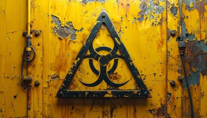 Biohazard Symbol on Grungy Yellow Metal Surface.