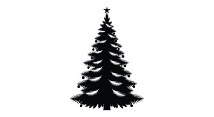 A beautifully decorated christmas tree in a stark black silhouette with a shining star on top