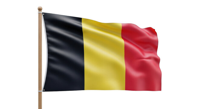 Belgian national flag waving on flagpole with black, yellow, and red stripes isolated on transparent background