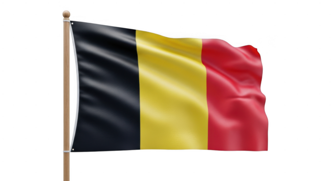 Belgian national flag waving on flagpole with black, yellow, and red stripes isolated on transparent background - Powered by Adobe