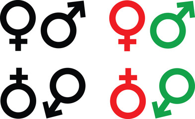 Male and female gender symbol vector set in black, red, and green colors. Minimalist icon collection representing gender, relationships, and identity concepts. Perfect for education, health.