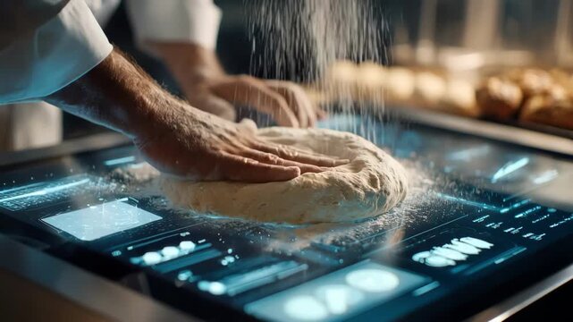 Medium shot of a baker adjusting virtual dough texture on a digital interface simulating elasticity for recipe refinement.