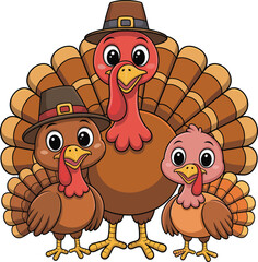 Cute cartoon family of turkeys wearing pilgrim hats for thanksgiving celebration, adorable bird illustration, festive holiday concept, autumn season artwork
