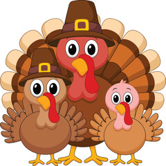 Cute cartoon family of turkeys wearing pilgrim hats for thanksgiving celebration, adorable bird illustration, festive holiday concept, autumn season artwork