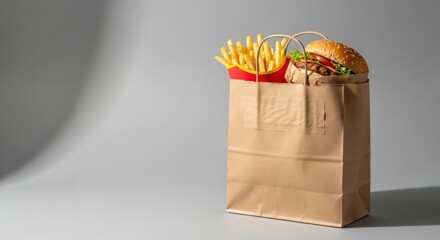 Classic fast food meal with hamburger and french fries in a brown paper bag for takeout