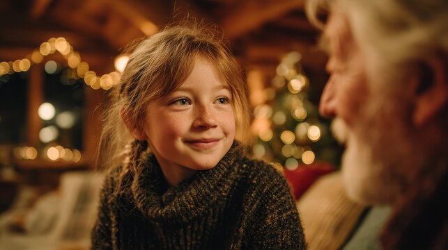 Six-year-old girl talking with grandfather in cozy Christmas living room with festive tree and warm sunlight, joyful family moment.