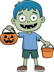 Cute cartoon zombie boy holding Halloween pumpkin candy bucket, funny child costume character, spooky trick or treat illustration design