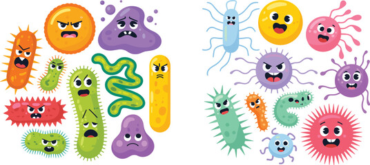 Cute colorful bacteria and virus cartoon characters illustration, funny germs and microbes with expressions, science biology education concept background