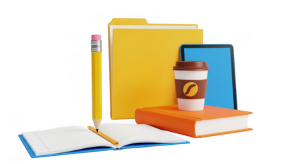 Office supplies and digital tablet with books, notebook, pencil, and coffee cup isolated on transparent background