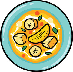 Top View of a Creative Cartoon Style Banana Pizza with Cubes and Slices on a Blue Plate