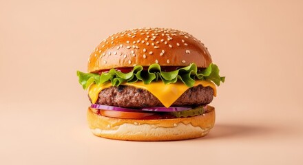 Classic hamburger with sesame seed bun, fresh lettuce, melted cheese, and juicy beef patty