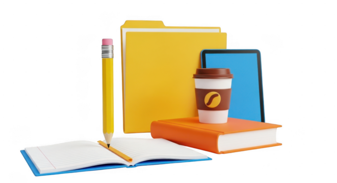 Office supplies and digital tablet with books, notebook, pencil, and coffee cup isolated on transparent background
