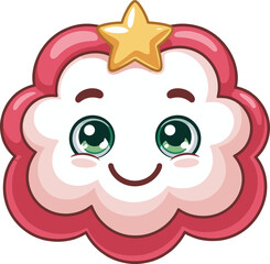 Cute kawaii cartoon cloud face with star decoration, adorable smiling character illustration, colorful children design, cheerful emoji style artwork