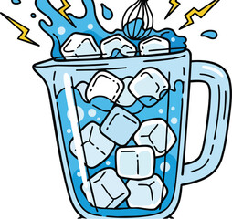 Cartoon pitcher full of ice cubes and water with splashes and lightning bolts on a white background