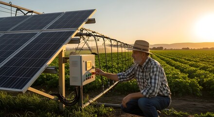 Mature farmer inspecting control panel of solar energy system in a lush agricultural field.