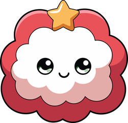 Cute kawaii cartoon cloud face with star decoration, adorable smiling character illustration, colorful children design, cheerful emoji style artwork