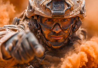 United States Marines in action. Military equipment, army helmet, warpaint, smoked dirty face, tactical gloves. Military action, desert battlefield, smoke grenades