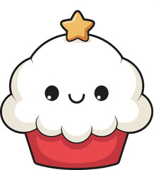 Cute kawaii cupcake illustration with smiling face and star topping, adorable dessert character design, sweet bakery cartoon vector art