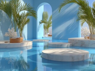 Obraz premium Light Blue Gradient Background with Palm Leaf Shadows and White Marble Platforms for Luxury Fashion Display