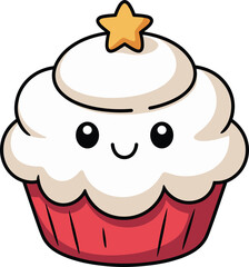 Cute kawaii cupcake illustration with smiling face and star topping, adorable dessert character design, sweet bakery cartoon vector art