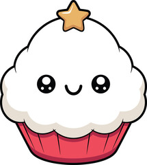 Cute kawaii cupcake illustration with smiling face and star topping, adorable dessert character design, sweet bakery cartoon vector art
