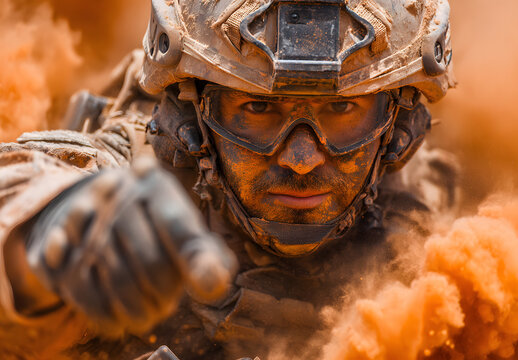 United States Marines in action. Military equipment, army helmet, warpaint, smoked dirty face, tactical gloves. Military action, desert battlefield, smoke grenades