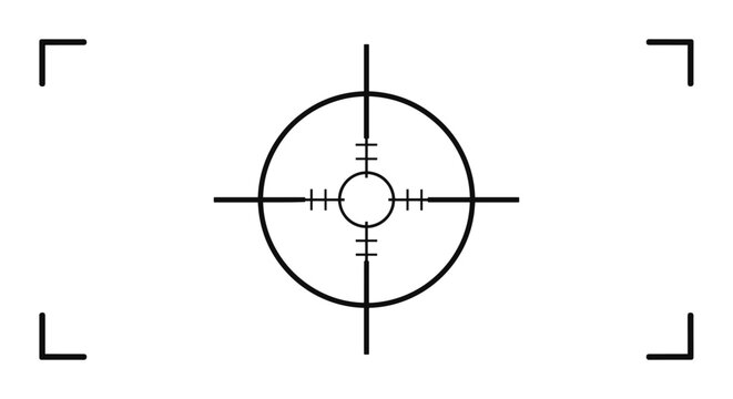 Minimalist black target scope with crosshairs and framing brackets on a white background, symbolizing accuracy, focus, and precision.
