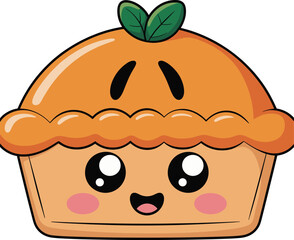 Cute smiling cartoon pie with kawaii face, adorable dessert illustration, sweet bakery food design, cheerful character for Thanksgiving and autumn celebration