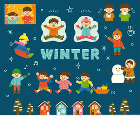 冬 雪 子供 イラスト 手描き 雪遊び 冬服 セット デザイン素材