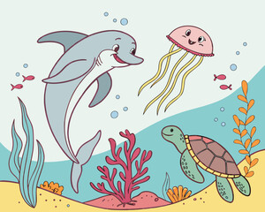 Fototapeta premium Cute sea animals cartoon illustration with dolphin, turtle and jellyfish