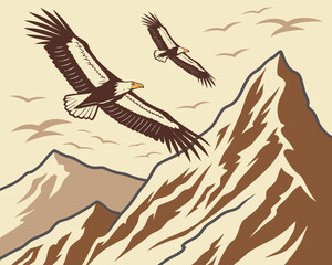 Majestic bald eagles soar above rugged mountain peaks in vintage illustration