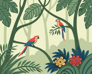 Two colorful parrots perched on branches in a lush tropical jungle scene