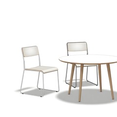 Obraz premium Modern round white dining table with two matching chairs on a white background.