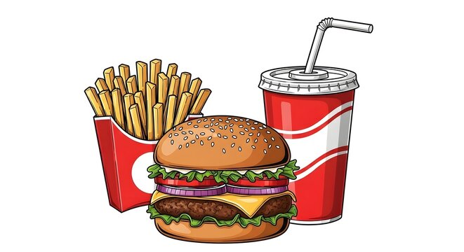 A delicious-looking hamburger with cheese, lettuce, and tomatoes, served with a side of french fries and a red soda cup with a straw. - Powered by Adobe