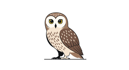 Fototapeta premium A friendly, wide-eyed owl with brown and beige feathers stands on a black line against a clean white background, rendered in a charming cartoon style.